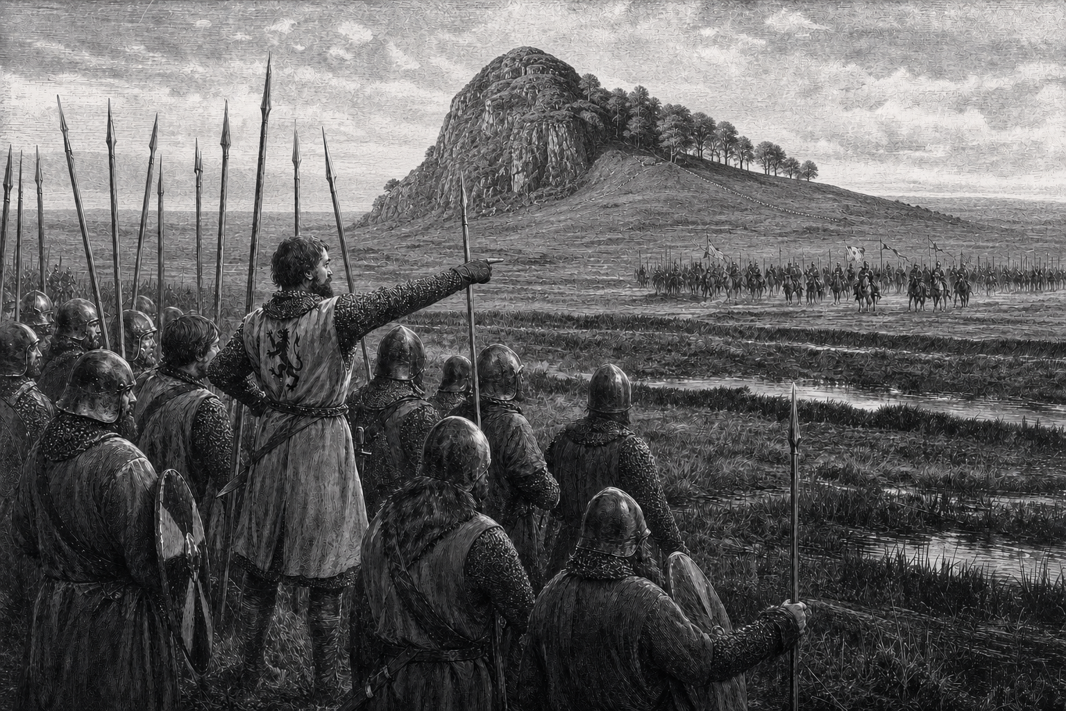 An engraved reconstruction of Robert the Bruce directing Scottish spearmen as English cavalry approaches across marshy ground beneath Loudoun Hill
