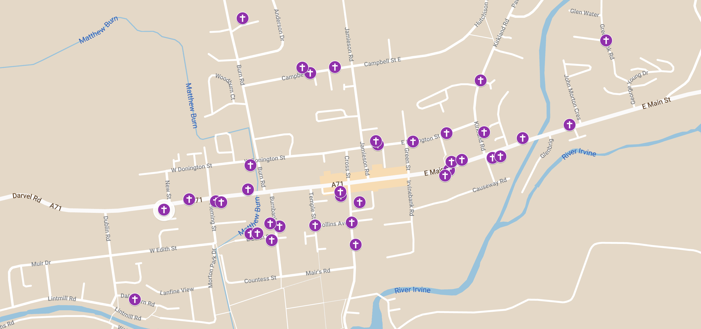 Historic map showing addresses connected with Darvel’s war dead